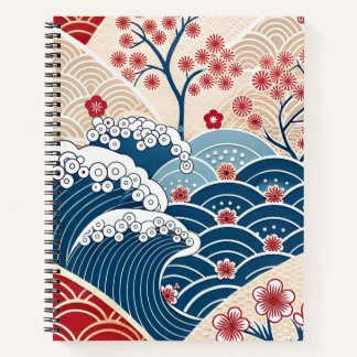 Traditional Red Blue Japanese Wave Sakura Pattern Notizblock