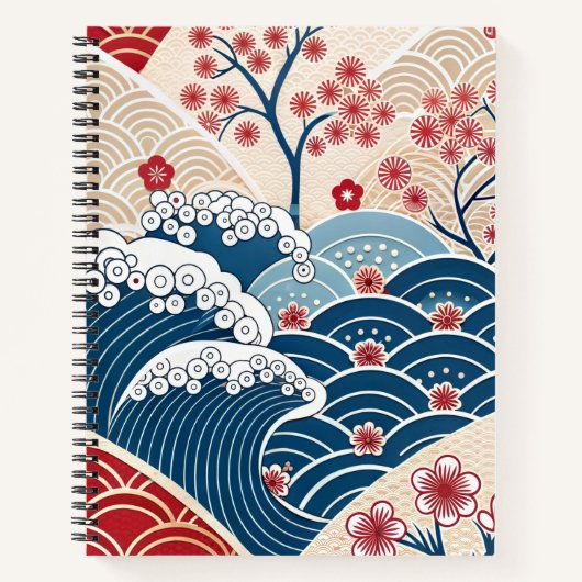 Traditional Red Blue Japanese Wave Sakura Pattern Notizblock (Vorderseite)