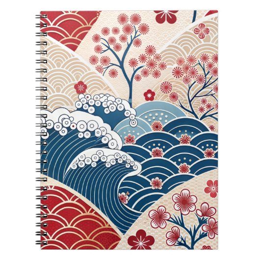 Traditional Red Blue Japanese Wave Sakura Pattern Notizblock (Vorderseite)
