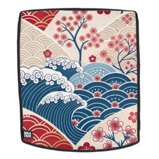 Traditional Red Blue Japanese Wave Sakura Pattern Rucksack
