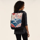 Traditional Red Blue Japanese Wave Sakura Pattern Rucksack (Ausgewaschen)