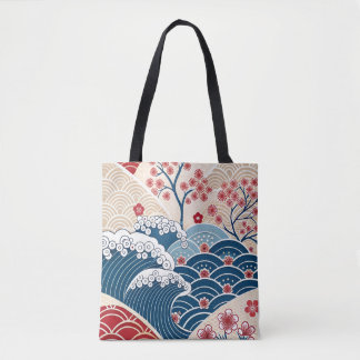 Traditional Red Blue Japanese Wave Sakura Pattern Tasche