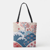 Traditional Red Blue Japanese Wave Sakura Pattern Tasche (Rückseite)