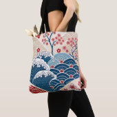 Traditional Red Blue Japanese Wave Sakura Pattern Tasche (Von Nahem)