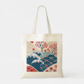 Traditional Red Blue Japanese Wave Sakura Pattern Tragetasche (Rückseite)