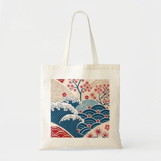 Traditional Red Blue Japanese Wave Sakura Pattern Tragetasche (Vorne)