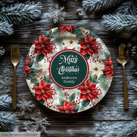 Traditional Red Green Christmas Floral Paper Plate Pappteller