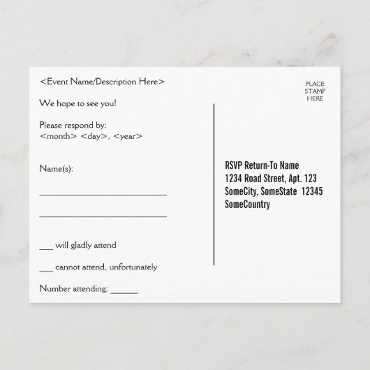 Traditionell und nostalgisch "r.s.v.p." Postkarte (Rückseite)