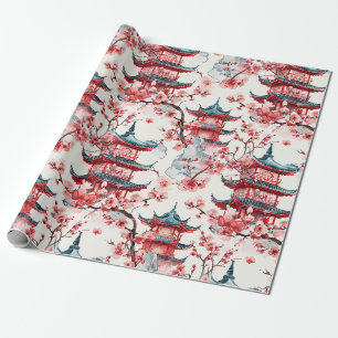 Traditionelle asiatische Architektur mit Botanik Geschenkpapier