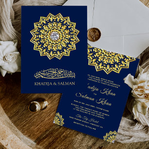 Traditionelle Blaue Goldmotif Islamische Hochzeit Einladung