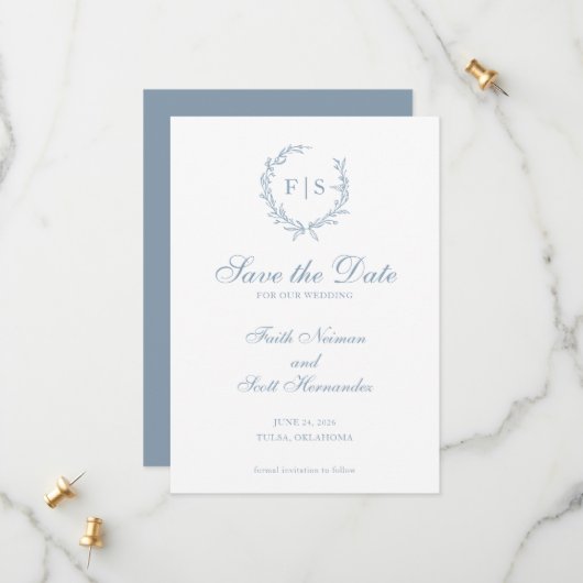Traditionelle Blaue Monogramm-Kranke Save the Date (Vorderseite/Rückseite Beispiel)