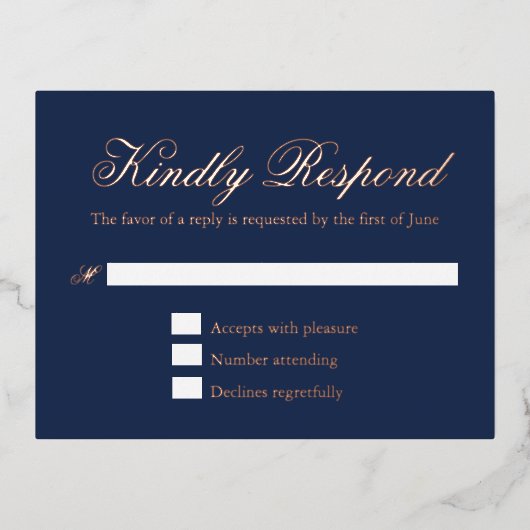 Traditionelle Blue Wedding Foil RSVP Karte (Vorderseite)