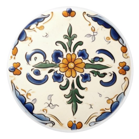 Traditionelle Blume Mittelmeer Blauer Creme Keramikknauf (Vorderseite)