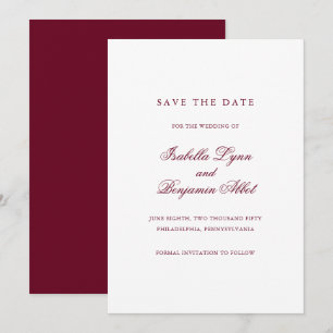 Traditionelle burgunderrote formelle elegante Hoch Save The Date