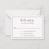 Traditionelle Burgundy Mini Wedding RSVP Karte (Vorderseite)