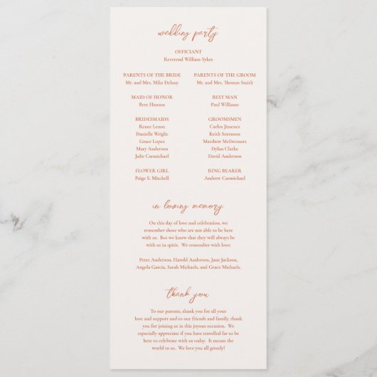 Traditionelle Burnt Orange Elegante Hochzeit Programm (Rückseite)