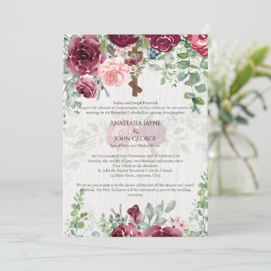 Traditionelle BYZANTINE-Crossblumen-Hochzeit Einladung (Stehend Vorderseite)