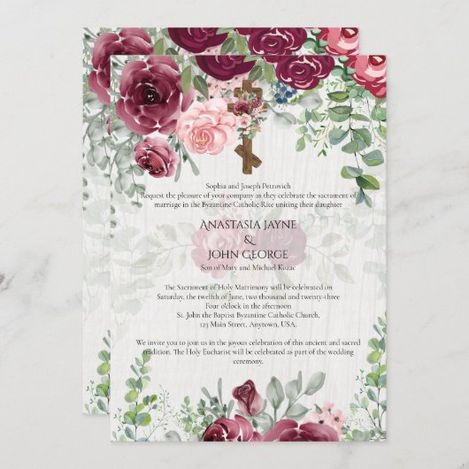 Traditionelle BYZANTINE-Crossblumen-Hochzeit Einladung (Vorne/Hinten)