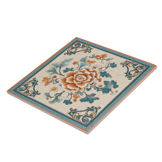 Traditionelle China Orange Tinte Blume Art 1 Fliese (Seite)