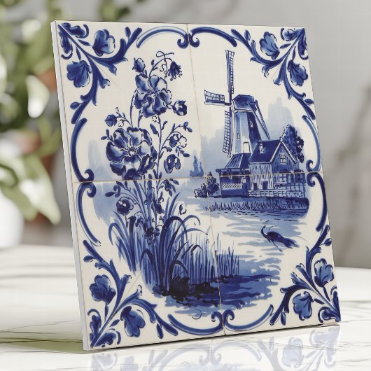 Traditionelle Delfter Windmühle und Blumenmuster Fliese