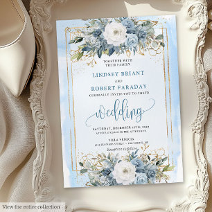 Traditionelle Dusty Blue White Gold Blume lädt ein Einladung
