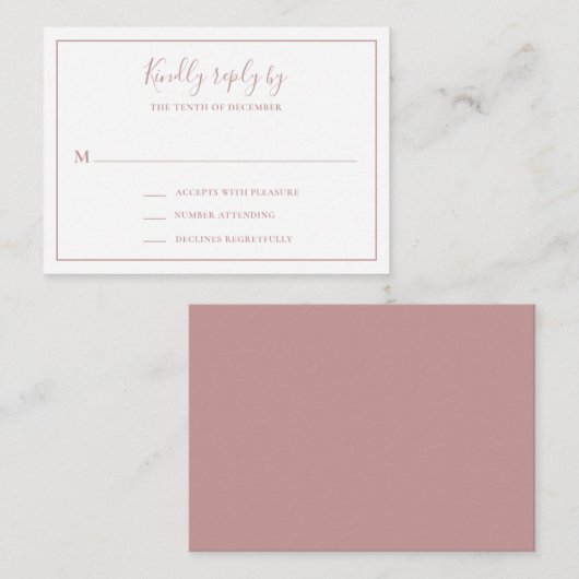 Traditionelle Dusty Rose Pink Mini Wedding RSVP Ka Mitteilungskarte (Vorne/Hinten)