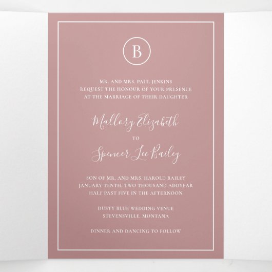 Traditionelle Dusty Rose Rosa Elegante Hochzeit Dreifach Gefaltete Einladung (Innenseite Mitte)