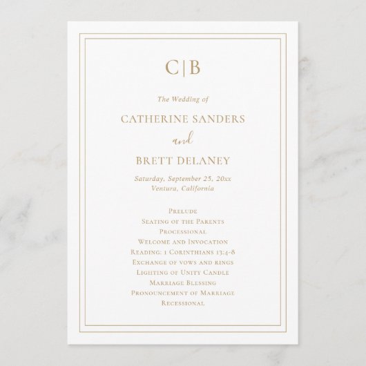 Traditionelle einfache Monogramm Elegant Gold Hoch Programm (Vorderseite)