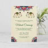 Traditionelle Elefanten Indische Henna Mehndi Zere Einladung (Stehend Vorderseite)