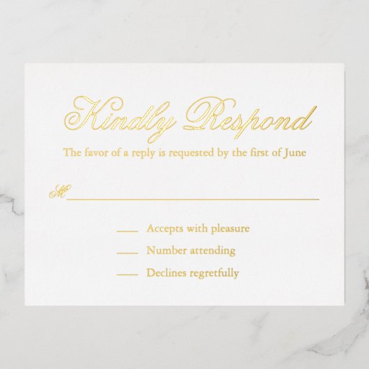 Traditionelle formale Elegant Wedding Foil RSVP Ka Folie Einladungspostkarte (Vorderseite)