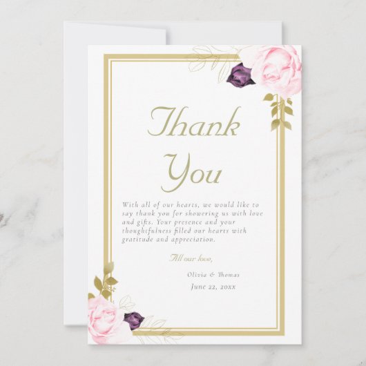 Traditionelle Goldrahmen rustikale Rose Foto Hochz Dankeskarte (Vorderseite)