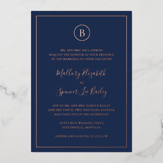Traditionelle Hochzeit der Navy Folieneinladung (Vorderseite)