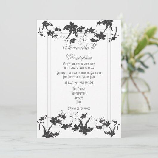 Traditionelle Hochzeit mit Blumen in Schwarz und W Einladung (Stehend Vorderseite)