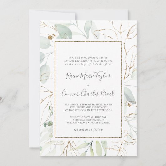 Traditionelle Hochzeit von Airy Greenery und Gold  Einladung (Vorderseite)