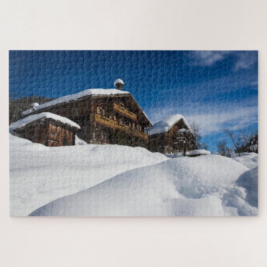 Traditionelle Holzhütten im Schnee Puzzle (Horizontal)