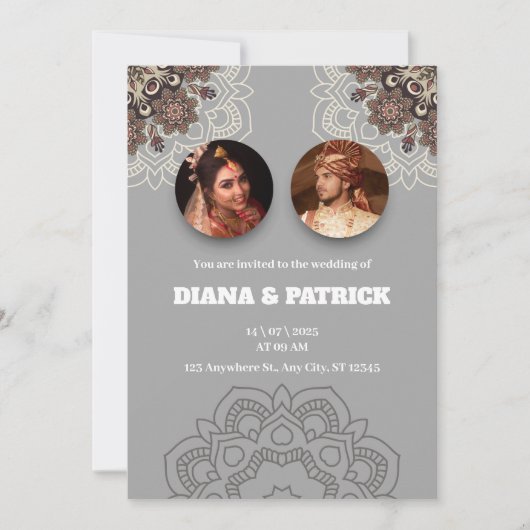 Traditionelle indische Hochzeitseinladung in Gray Einladung (Vorderseite)