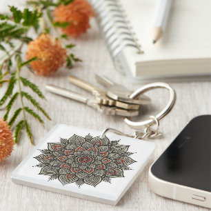 Traditionelle indische Mandala Kunst in Schwarz un Schlüsselanhänger