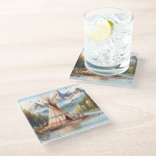 Traditionelle indische Teepee Nature Scene Digi Glasuntersetzer (Schrägansicht)