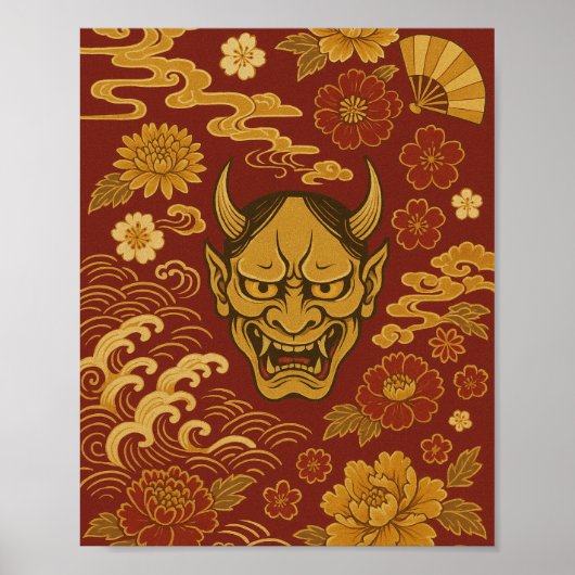 "Traditionelle japanische Dämonenkunst mit Blumenw Poster (Vorne)