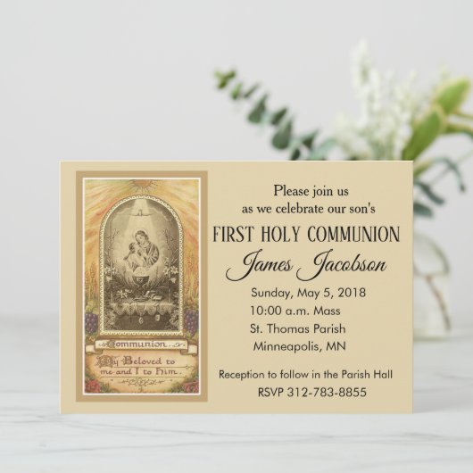 Traditionelle katholische Erste Heilige Kommunion  Einladung (Stehend Vorderseite)
