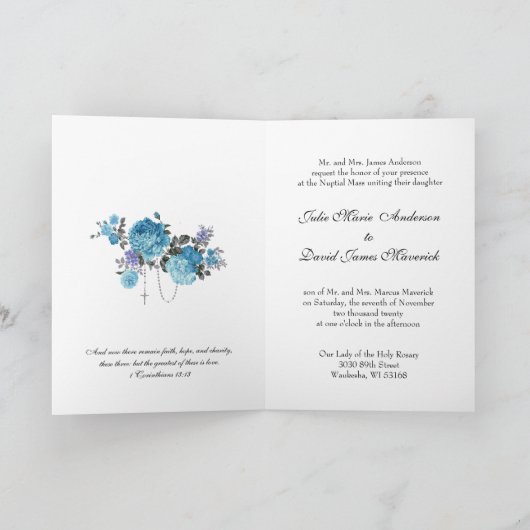 Traditionelle katholische Hochzeit der Blauen Flor Einladung (Innenseite)
