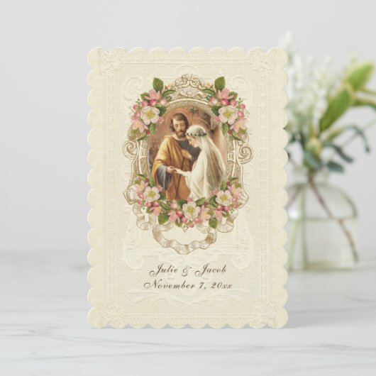 Traditionelle katholische Vintage Spitzen-Kirschbl Einladung (Stehend Vorderseite)