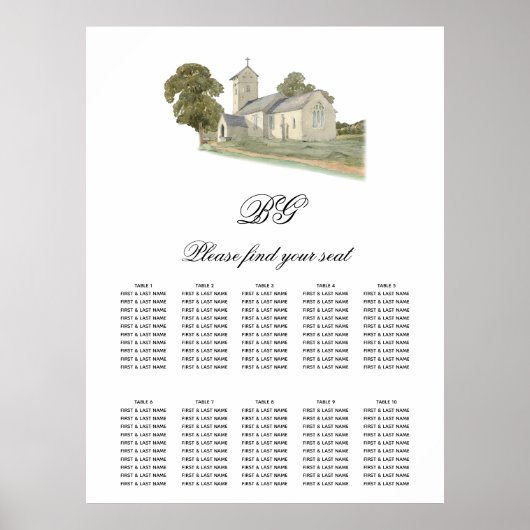 Traditionelle Kirchen-Monogramm-Hochzeit-Sitzplan Poster (Vorne)
