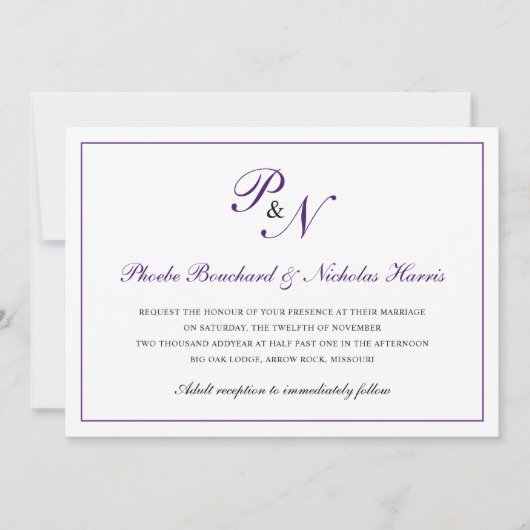 Traditionelle Königliche Lila Monogram-Feierliche Einladung (Vorderseite)