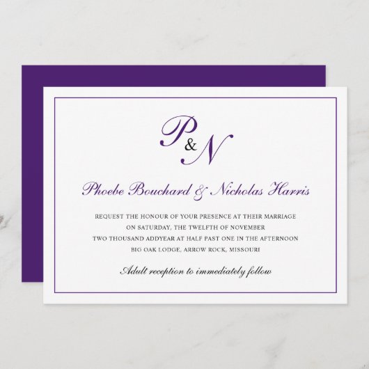 Traditionelle Königliche Lila Monogram-Feierliche Einladung (Vorne/Hinten)