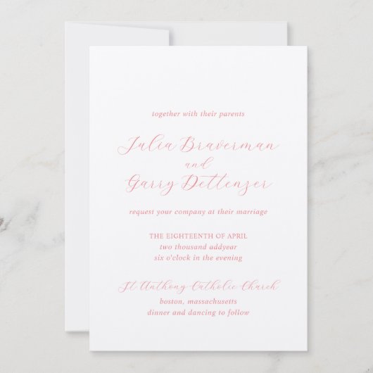 Traditionelle Korallenrosa Elegante Hochzeit Einladung (Vorderseite)