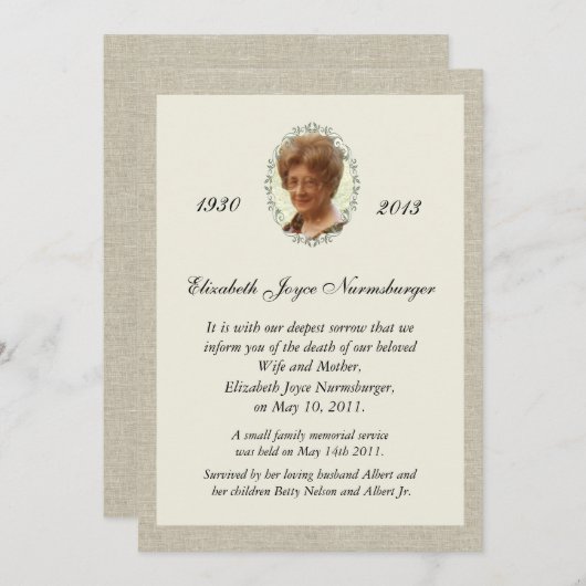 Traditionelle Leinen schauen Foto Death Ankündigun Ankündigung (Vorne/Hinten)