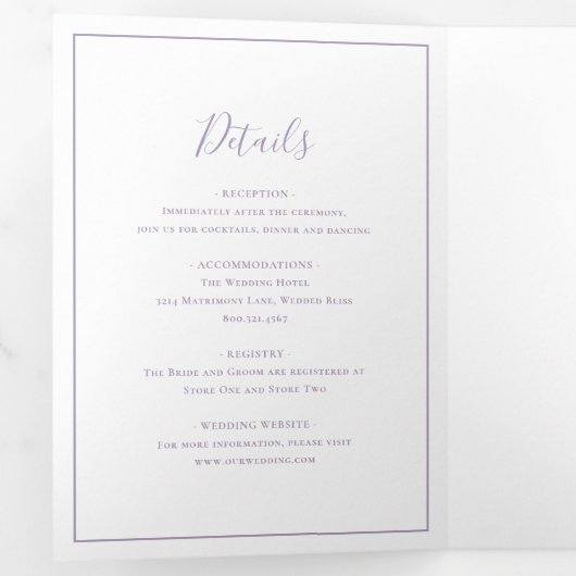 Traditionelle Lila Dusty Hochzeit Dreifach Gefaltete Einladung (Innen Erste Seite)