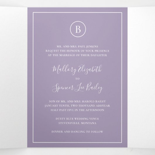 Traditionelle Lila Dusty Hochzeit Dreifach Gefaltete Einladung (Innenseite Mitte)