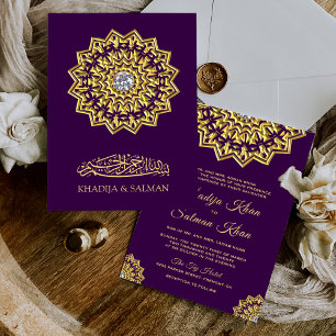 Traditionelle Lila Goldmotif-Islamische Hochzeit Einladung